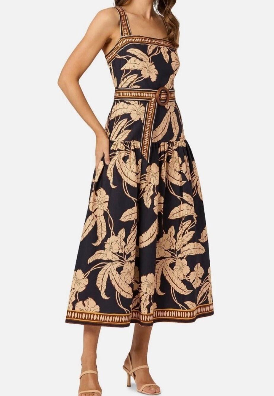 Shoshanna $440 Navy/Khaki Multi Women's Kora Printed Sleeveless Midi-Dress SZ 6